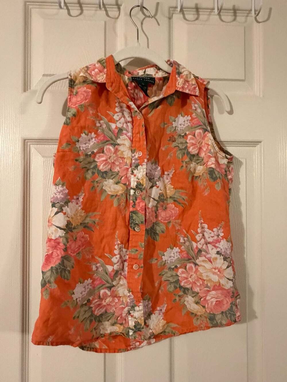 Lauren Ralph Lauren Orange Floral 100% Linen Sleeveless Button-Down Shirt